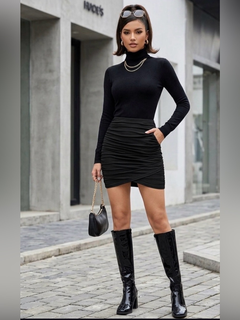 Women's Black Ruched Mini Skirt - Sleek Stretch Pencil Size M